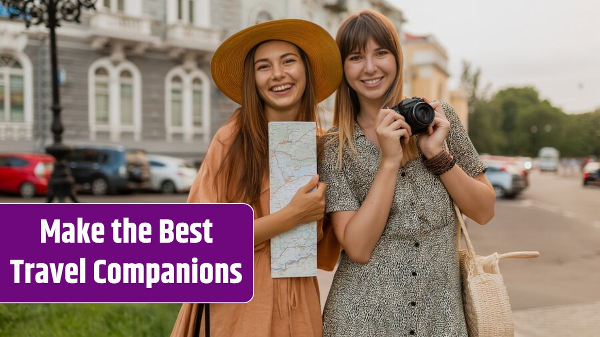 Stylish young women traveling together in Europe dressed in spring trendy dresses and accessories.